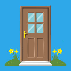 Cozy brown wooden door with colorful yellow daffodils on a contrasting black background, a minimalist yet vibrant artistic statement illustration
