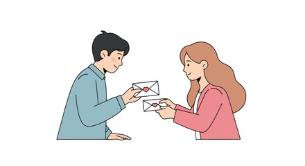 Fototapeta premium A young man and woman smiling at each other while exchanging love letters sealed with red hearts.