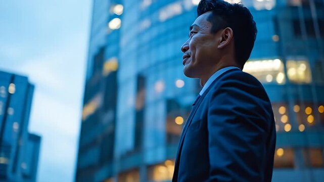 Man smiles in business suit, looking towards tall, out-of-focus blue & gold building