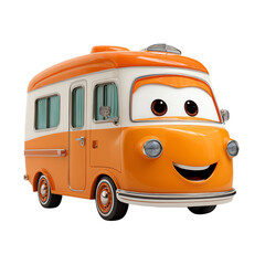 3D Orange Camper Van with Smiling Face in Cartoon Style &ndash; Isolate on Transparent White Background