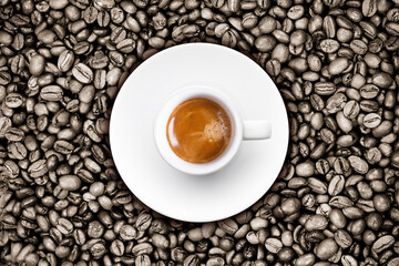Coffee Cup Top View on Coffee Beans Background