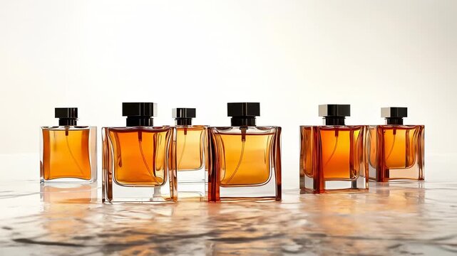 Line of orange-liquid perfume bottles on marble, white backdrop