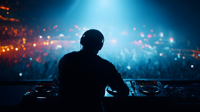 Dj mixing music mixer, dj mixing music, dj at work, close-up, Silhouette of a dancing person in a nightclub, Dj at the concert, Dj playing on stage with huge party crowd in front, 