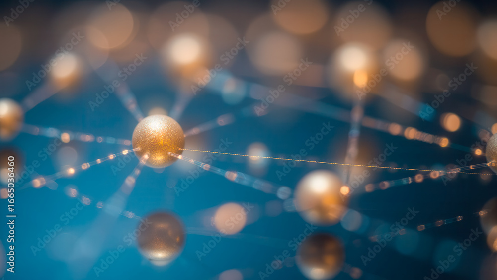 Poster abstract representation of golden spheres connected by lines in a network on blue background