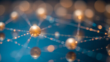 Abstract Representation of Golden Spheres Connected by Lines in a Network on Blue Background