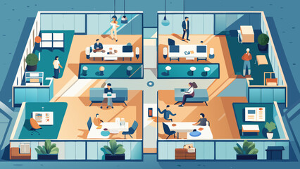 Isometric view of a modern office space with employees