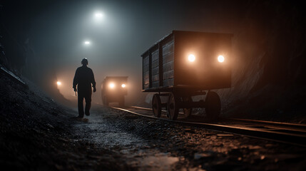 Coal Miner Walking Inside Underground Tunnel With Mining Cart