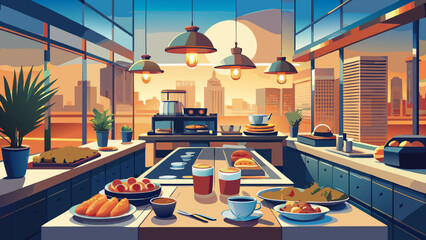 A kitchen scene with food and a city view background