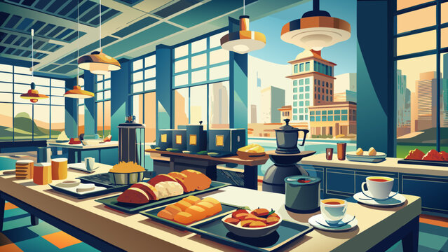 A cafe interior with food and drinks on the counter