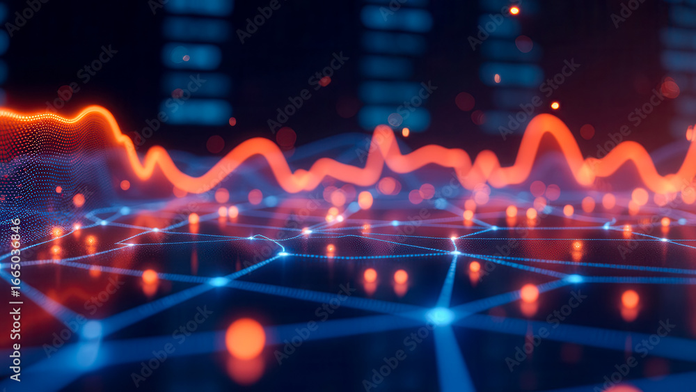 Poster abstract digital waveform visualization with neon colors and geometric lines