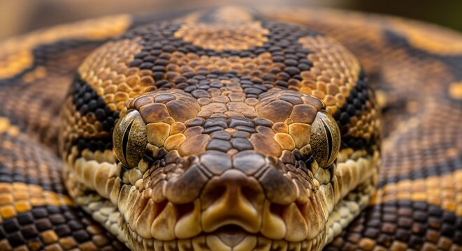 Intense Gaze - Close-up of a Ball Pythons Head with Striking Pattern and Detailed Scales.