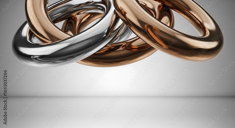 Poster interlocking metallic rings creating an abstract and shiny design