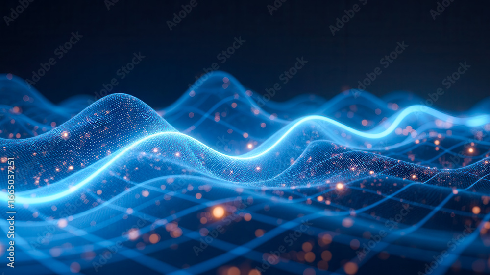 Poster abstract wave patterns with glowing particles and modern digital background effects