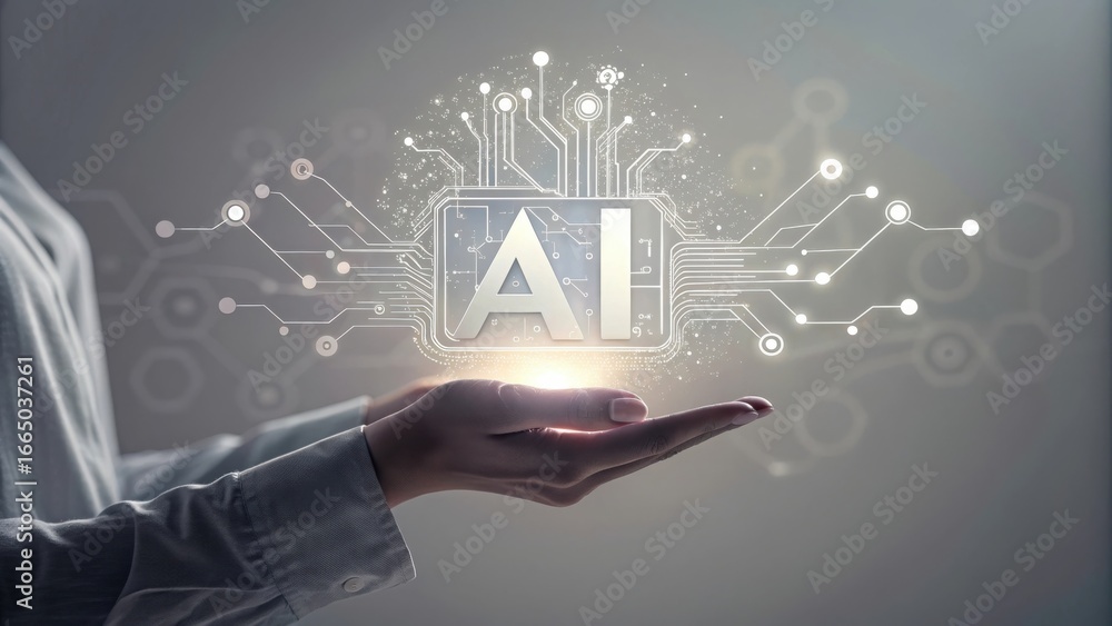 Poster close up of a person s hands holding a glowing digital ai circuit board symbol with abstract light e