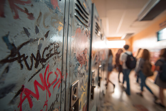 A school locker with cruel graffiti drawn on it, with blurred students walking by in the background, symbolizing bullying in school settings