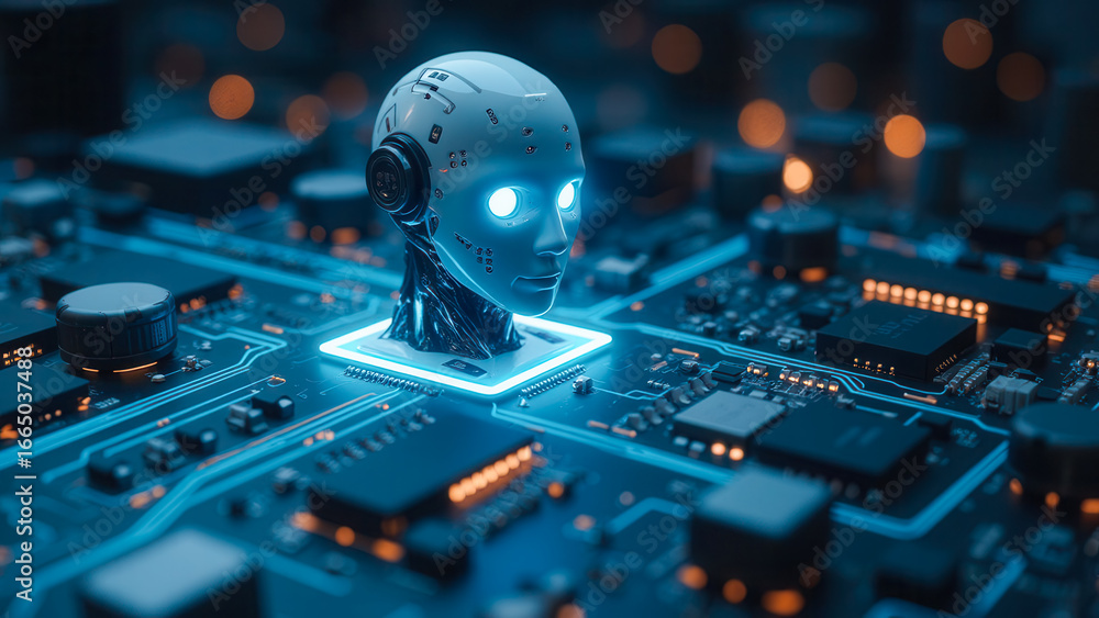 Poster futuristic robot head on circuit board with glowing elements and high-tech components