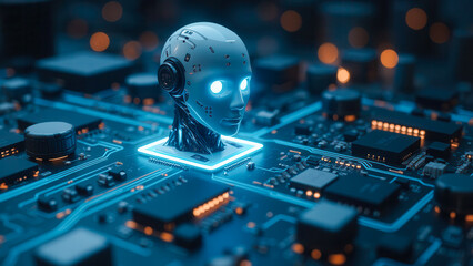 Futuristic Robot Head on Circuit Board with Glowing Elements and High-Tech Components