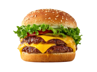 Double cheeseburger with sesame seed bun lettuce tomato pickles and melted cheese beef patty, Isolated, Png Transparent Background