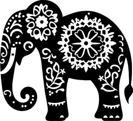 Elephant Solid Black Color Vector Silhouette in Traditional Mexican Art Style