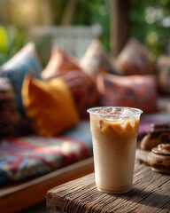 Refreshing iced latte in a plastic cup with condensation, placed on a rustic wooden table in cozy outdoor seating with colorful cushions.
