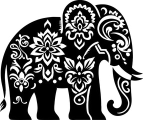 Elephant Solid Black Color Vector Silhouette in Traditional Mexican Art Style