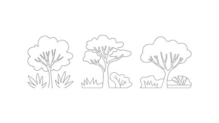 Simple Tree and Bush Line Art: Minimalist Illustration of Nature for Coloring Books, Design Projects, and Educational Materials in Black and White