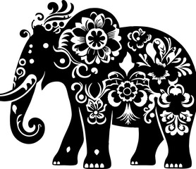 Elephant Solid Black Color Vector Silhouette in Traditional Mexican Art Style