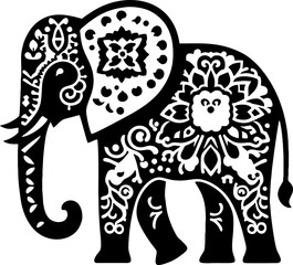 Elephant Solid Black Color Vector Silhouette in Traditional Mexican Art Style