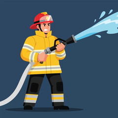 A determined firefighter in full gear sprays water from a hose with intense focus.