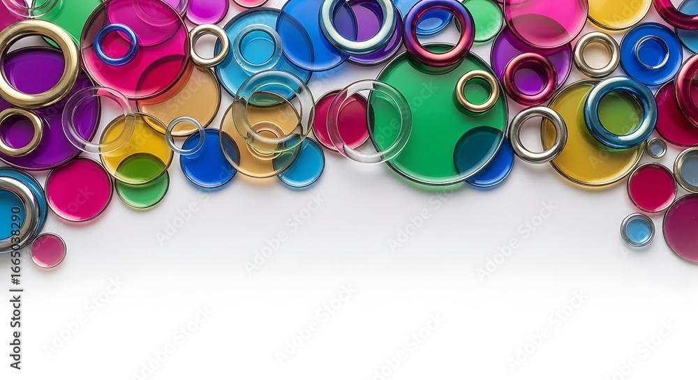 Poster vibrant array of translucent circles and rings on clean white backdrop