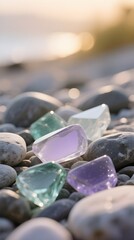 Colorful Sea Glass on a Pebble Beach at Sunset
