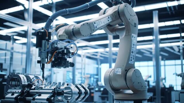 Robot arm assembling product in factory &mdash; machine fully in frame