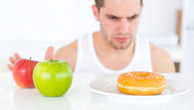 Man choosing between apple and donut