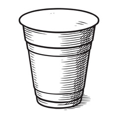 Vintage Hand-Drawn Plastic Cup Illustration – Black and White Line Art, cup, isolated, white, plastic, container, drink, empty, glass, paper, food, coffee, object, 
