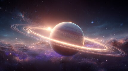 Fototapeta premium Vast Cosmic Expanse A Radiant Planet Engulfed by Sparkling Stellar Dust and Nebulae