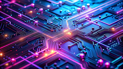 Abstract glowing circuit board with intricate pathways and vibrant neon lights representing advanced technology and digital data flow