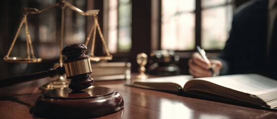 Naklejka premium The Gavel and Scales on a Judge's Desk with Open Legal Book