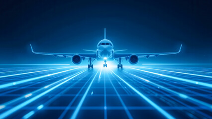 Futuristic Airplane in a Digital Landscape with Blue Light and Geometric Lines