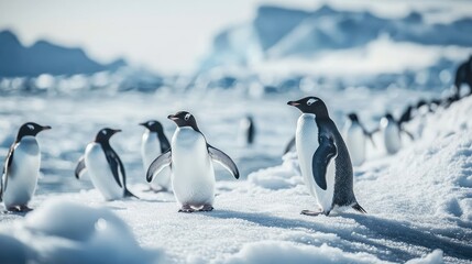 Obraz premium A group of penguins waddles across a snowy Antarctic landscape.
