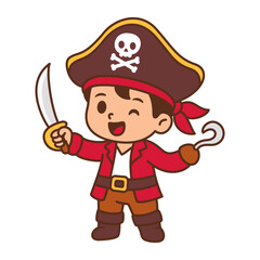 Mischievous young pirate sword in hand and hook in the other prepares for adventure