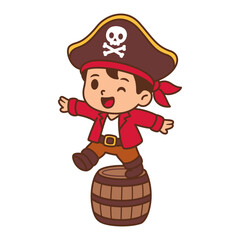 Mischievous little pirate winks while perched atop a barrel