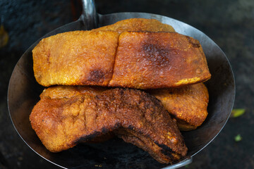 Fried pork belly in a pan