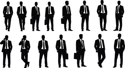 Silhouette vector illustration of business men in suits with briefcases and phones, standing and walking in various professional poses