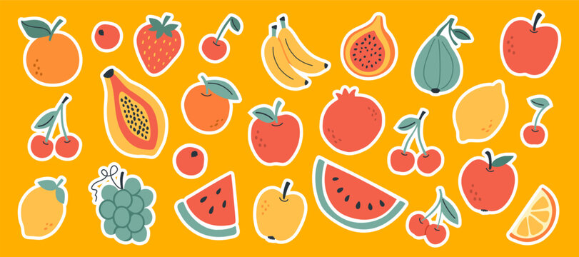 Large set of summer fruit stickers with playful cartoon illustrations of watermelon, papaya, banana, cherry, strawberry and other fresh colorful fruits on orange background