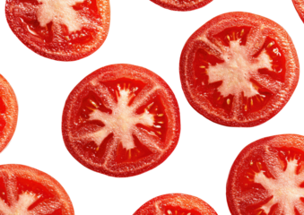 Close-up view of many tomato slices.  Bright red, round slices arranged in a repeating pattern on a black background.  Visible interior flesh of tomatoes is a lighter pinkish-red