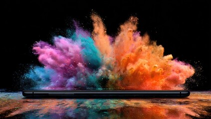 A sleek, dark phone sits on a reflective surface, surrounded by a vibrant explosion of colorful powder