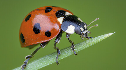 Close up of vibrant ladybug perched green blade of grass, showcasing its distinctive red shell with black spots. image