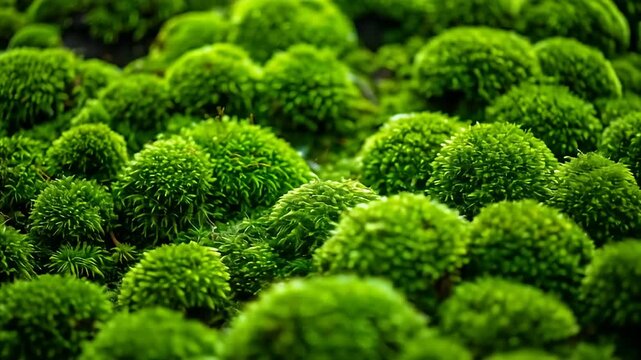 Close-up of lush, bright green moss forming small, rounded tufts in a natural setting