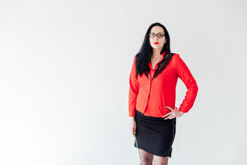 Brunette in Red Blouse and Black Skirt