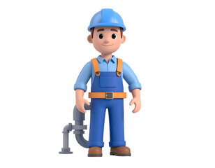A friendly character of a male worker in blue overalls and hard hat smiles, holding pipes, ready for service.
